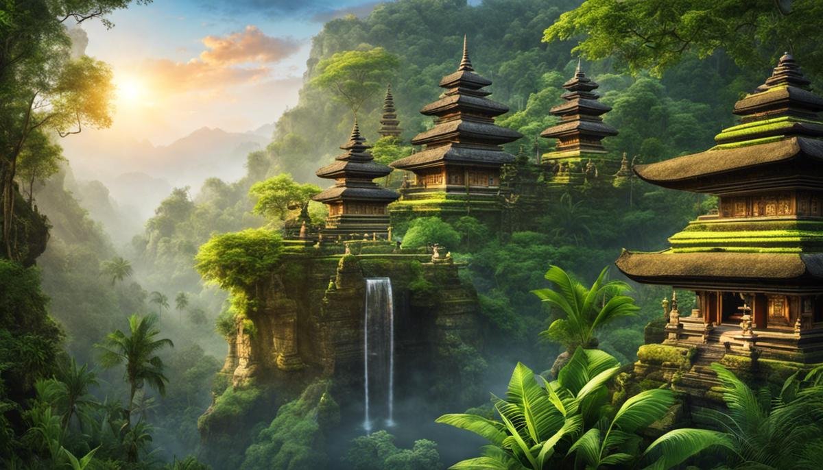 The image depicts a serene temple surrounded by lush greenery in Bali, Indonesia, representing the spiritual sanctuary of the Island of Gods.