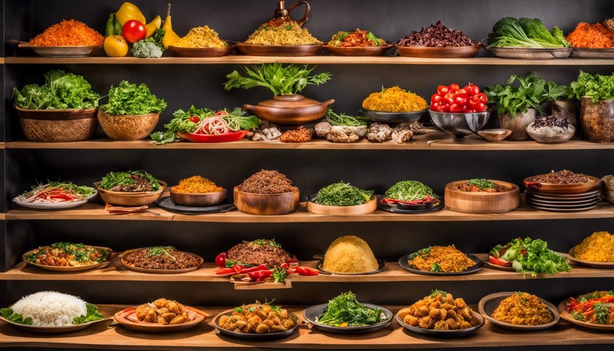 A colorful display of different traditional dishes from various cuisines, representing the diversity and richness of food culture around the world