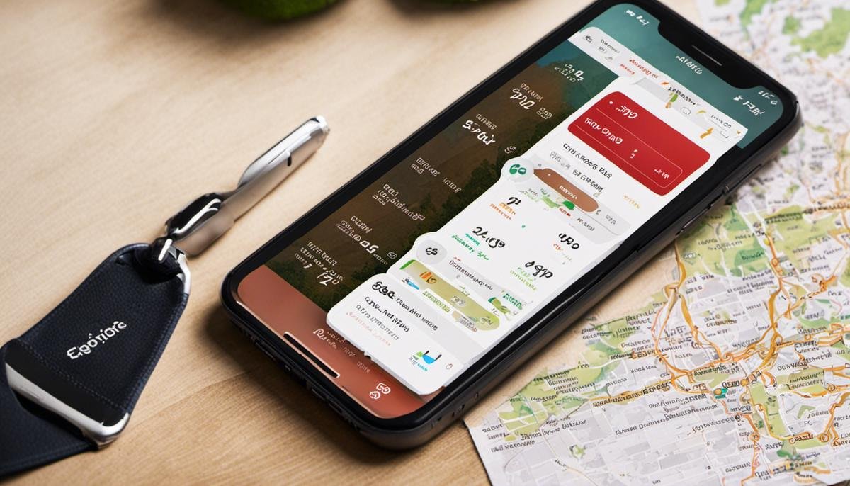 An image showcasing Trail Wallet app on a smartphone with a map, budget tracker, and expense summary.
