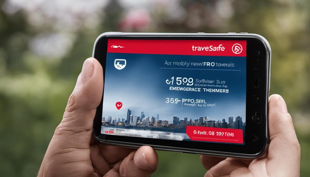 A mobile phone screen showing the TravelSafe Pro app with emergency numbers displayed